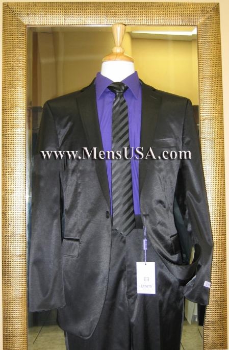 Mensusa Products 1 Button Shiny Black Center Vented Cotton Blend Flat Front Fitted Suit