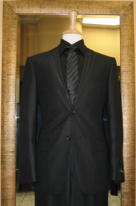 Mensusa Products 2 Button Black Slim Fit Suit with Taping on the Lapels