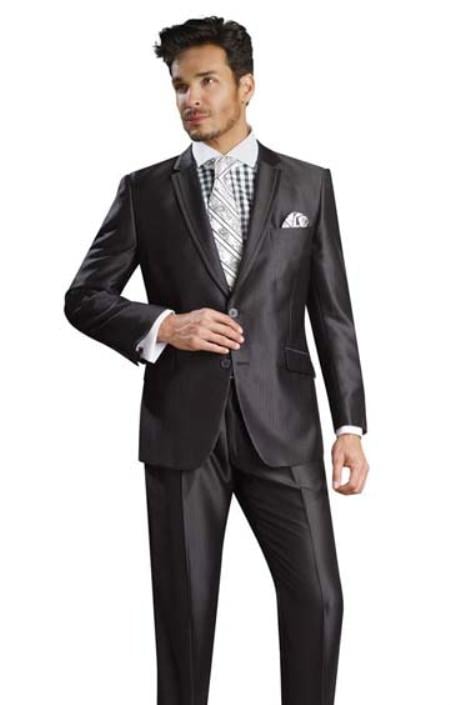 Mensusa Products 2 Button Shiny Flashy Metalic Silk Touch Black Tonal Stripe Suit