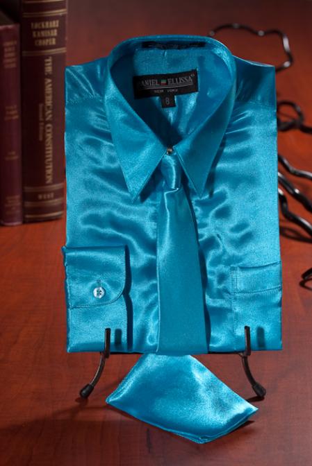 Mensusa Products Boys Turquoise Satin Dress Shirt Combo 35