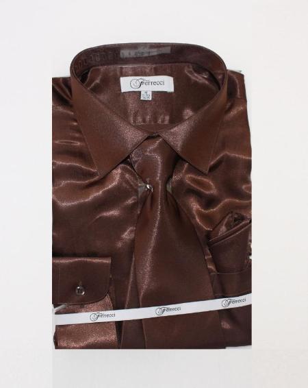 Mensusa Products Mens Shiny Luxurious Shirt Dark Brown