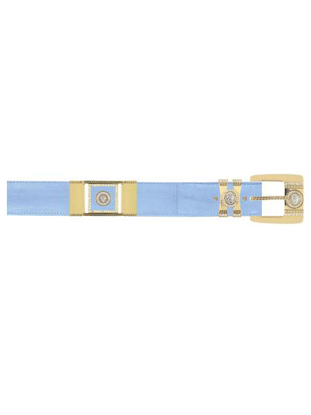Mensusa Products Baby Blue Genuine Eel With Rhinestone / Gold Plated Brackets Belt