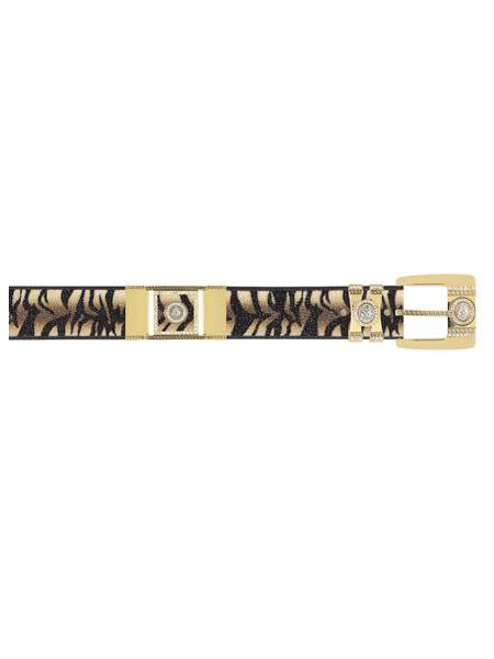 Mensusa Products Beige Tiger Design Genuine Stingray With Rhinestone / Gold Plated Brackets Belt