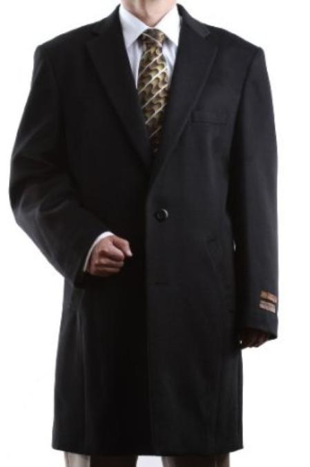 Mensusa Products Men's Single Breasted Black Luxury Wool/Cashmere Threequarter Length Topcoat