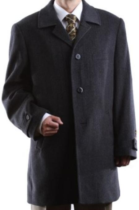 Mensusa Products Men's Single Breasted Charcoal Luxury Wool Cashmere Threequarter Length Topcoat