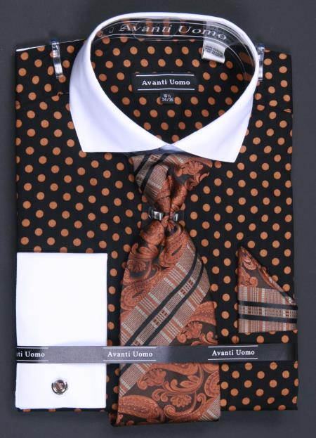 Mensusa Products 1 Cotton French Cuff Dress Shirt, Tie, Hanky and Cuff Links Polka Dot Black Taupe