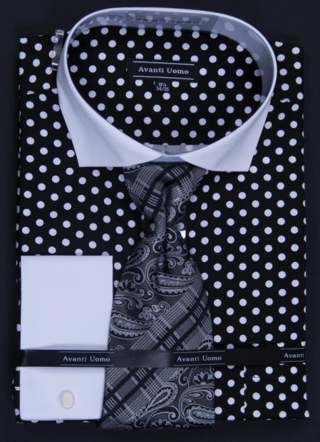 Mensusa Products 1 Cotton French Cuff Dress Shirt, Tie, Hanky and Cuff Links Polka Dot Black White