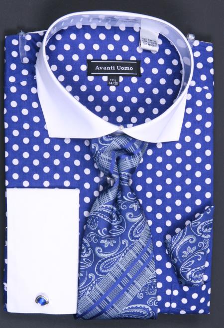 Mensusa Products 1 Cotton French Cuff Dress Shirt, Tie, Hanky and Cuff Links Polka Dot Blue White
