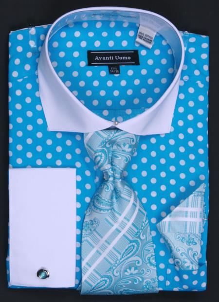 Mensusa Products 1 Cotton French Cuff Dress Shirt, Tie, Hanky & Cuff Links Polka Dot Turquoise/White