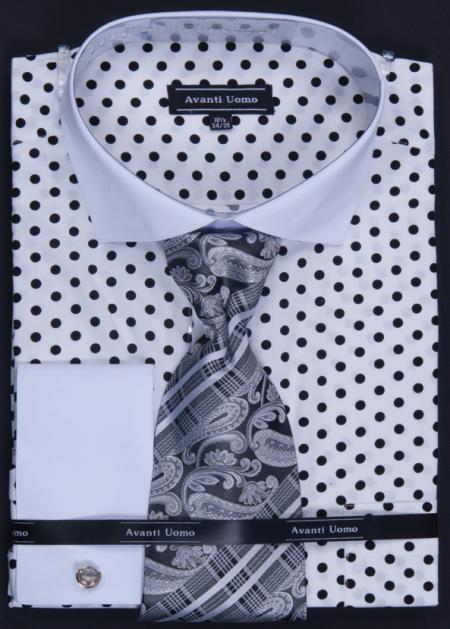 Mensusa Products 1 Cotton French Cuff Dress Shirt, Tie, Hanky & Cuff Links Polka Dot White/Black