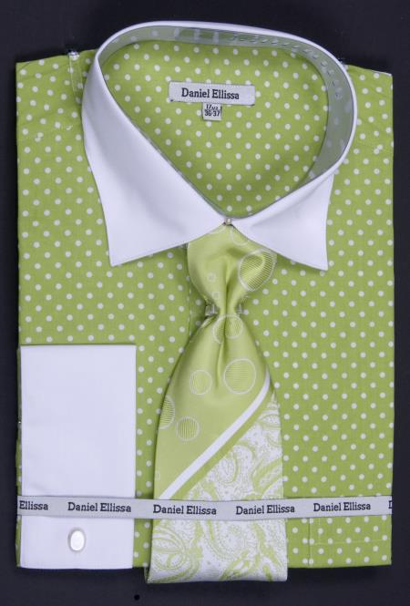 Mensusa Products 100% Cotton French Cuff Dress Shirt, Tie, Hanky & Cuff Links Polka Dot Two Tone Lime65