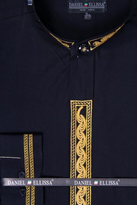 Mensusa Products Men's Banded Collar Dress Shirt Wave Print Embroidery Black/Gold