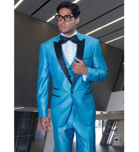 Mensusa Products Turquoise Two Button Notch Party Suit & Tuxedo & Blazer w/ Black Lapel