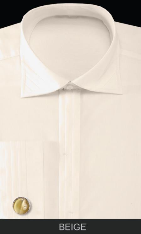 Mensusa Products Men's French Cuff Dress Shirt with Cuff Links Solid Pleated Collar Beige