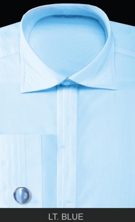 Mensusa Products Men's French Cuff Dress Shirt with Cuff Links Solid Pleated Collar Light Blue