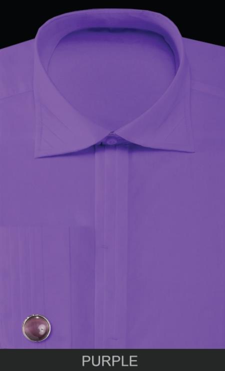 Mensusa Products Men's French Cuff Dress Shirt with Cuff Links Solid Pleated Collar Purple