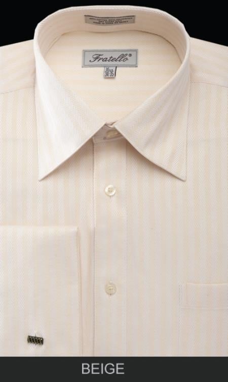 Mensusa Products Men's French Cuff Dress Shirt Herringbone Stripe Beige