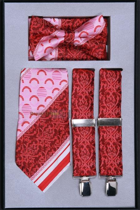 Mensusa Products Men's Suspender, Tie, Bow Tie and Hanky Set Red