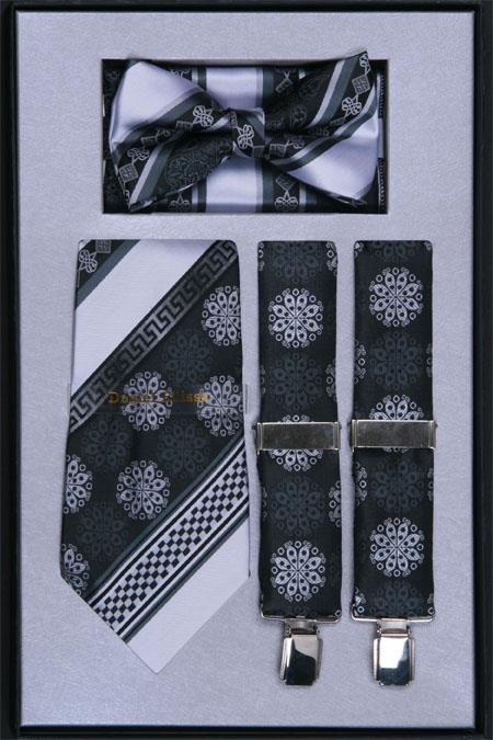 Mensusa Products Men's Suspender, Tie, Bow Tie and Hanky Set Black