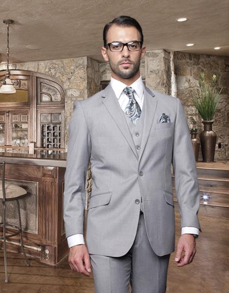Mensusa Products 2 Button Gray Suit with a Vest Super's Italian Wool Pick Stitched Lapel Slanted Pocket