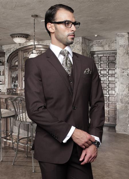 Mensusa Products 2 Button Brown Suit with a Vest Super's Italian Wool Pick Stitched Lapel Slanted Pocket