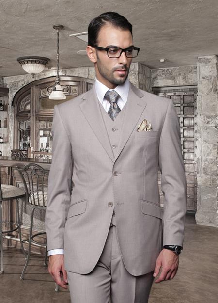 Mensusa Products Classic 3PC 2 Button Solid Tan Suit Super's Pick Stitched lapel Italian Fabric