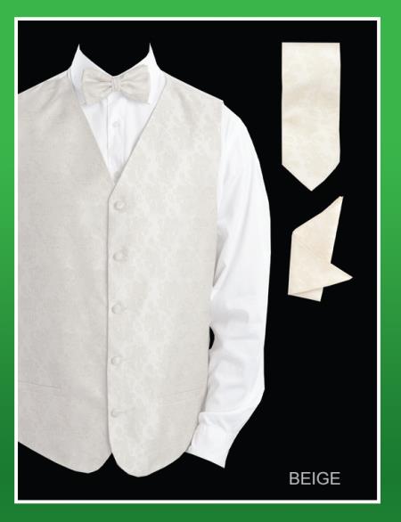 Mensusa Products Men's 4 Piece Vest Set (Bow Tie, Neck Tie, Hanky) Paisley Jacquard Beige