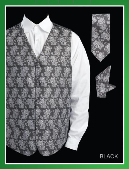 Mensusa Products Men's 4 Piece Vest Set (Bow Tie, Neck Tie, Hanky) Paisley Jacquard Black