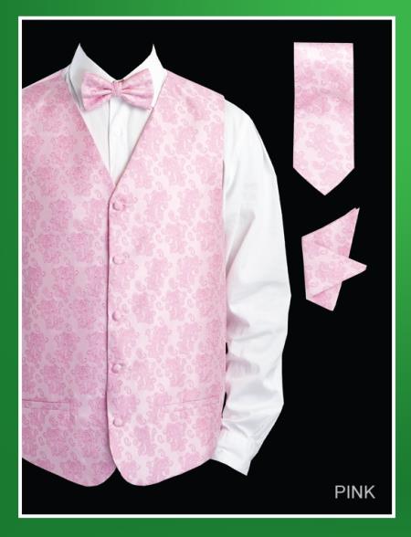 Mensusa Products Men's 4 Piece Vest Set (Bow Tie, Neck Tie, Hanky) Paisley Jacquard Pink