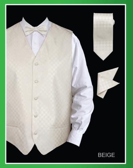 Mensusa Products Men's 4 Piece Vest Set (Bow Tie, Neck Tie, Hanky) Chessboard Checkered Beige