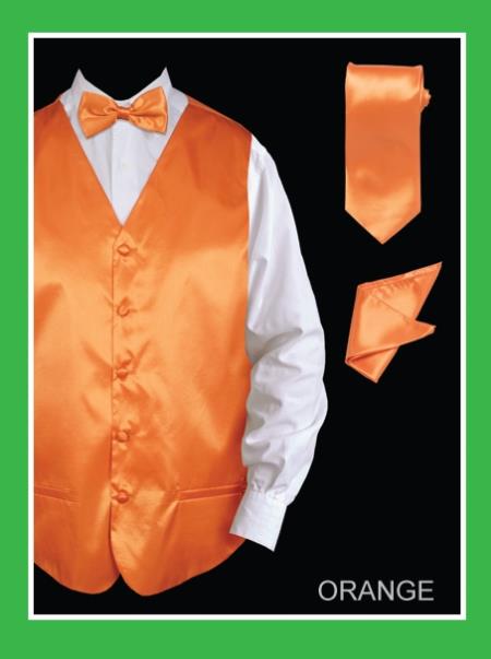 Mensusa Products Men's 4 Piece Vest Set (Bow Tie, Neck Tie, Hanky) Satin Orange