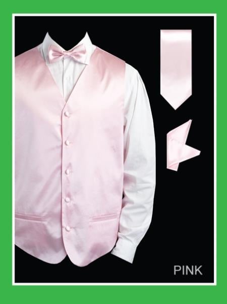 Mensusa Products Men's 4 Piece Vest Set (Bow Tie, Neck Tie, Hanky) Satin Pink