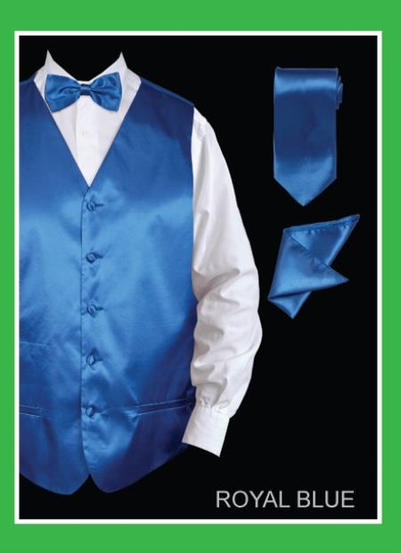 Mensusa Products Men's 4 Piece Vest Set (Bow Tie, Neck Tie, Hanky) Satin Royal Blue