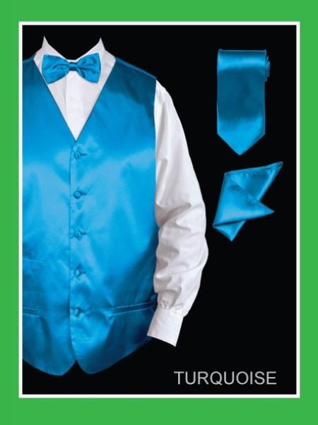 Mensusa Products Men's 4 Piece Vest Set (Bow Tie, Neck Tie, Hanky) Satin Turquoise
