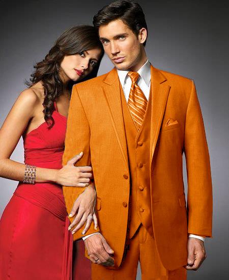 Mensusa Products 2 Btn Suit/Colored Tuxedo Satin Trim outlines a Notch Lapel Matching Trousers Orange