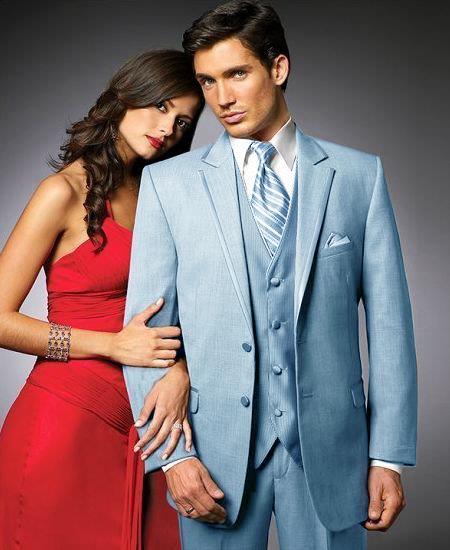 Mensusa Products 2 Btn Suit/Colored Tuxedo Satin Trim outlines a Notch Lapel Matching Trousers Sky Blue