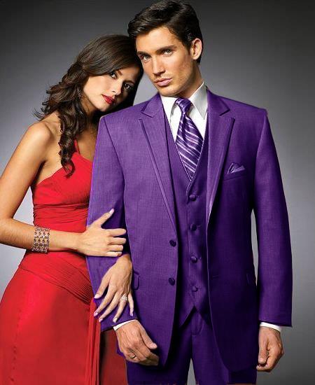 Mensusa Products 2 Btn Suit/Colored Tuxedo Satin Trim outlines a Notch Lapel Matching Trousers Purple