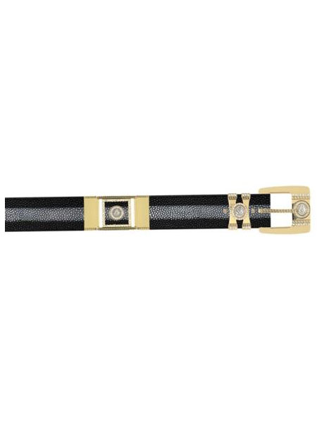 Mensusa Products Los Altos Black Genuine Stingray Full Rowstone Finish Rhinestone/Gold Plated Brackets Belt