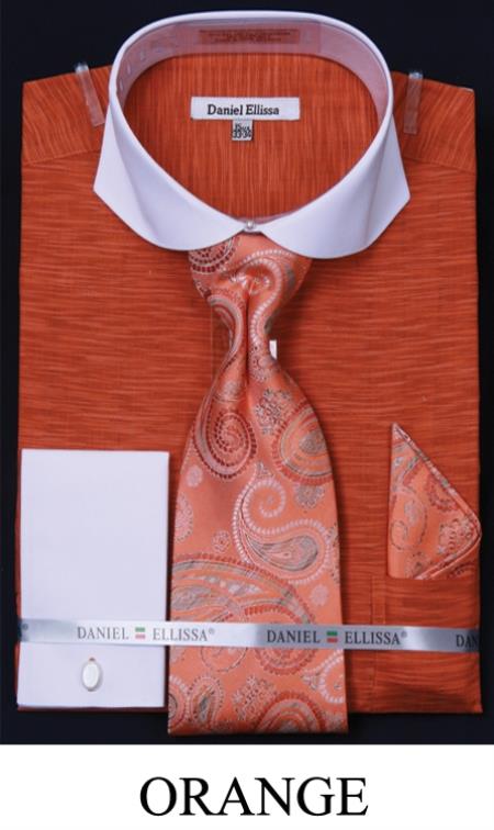 Mensusa Products Men's Spread Collar French Cuff Dress Shirt, Tie, Hanky & Cuff Links Two Tone Orange
