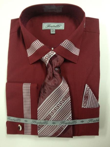 Mensusa Products Men's French Cuff Dress Shirt, Tie, Hanky and Cuff Links Houndstooth Patched Burgundy