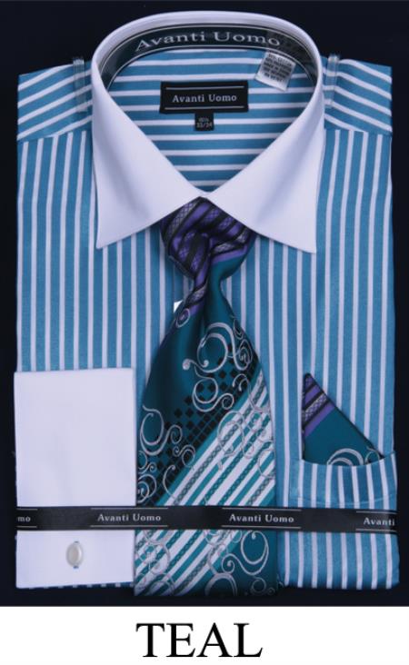 Avanti Uomo Blue Heather White Collar Dress Shirt Tie Combo DN73M