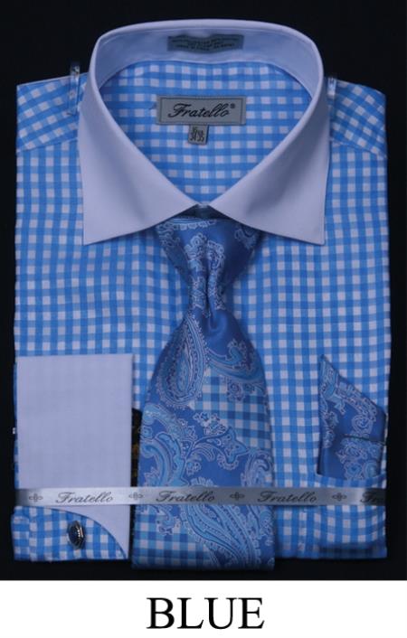 Mensusa Products Men's French Cuff Dress Shirt Set Checker Two Tone Blue