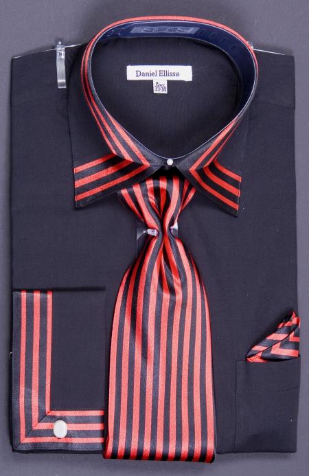 Mensusa Products Men's French Cuff Dress Shirt Set Bold Stripes Black/Red