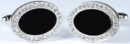 Mensusa Products Silver Plated Oval Cufflinks Set with Black Enamel and Rhinestone 29