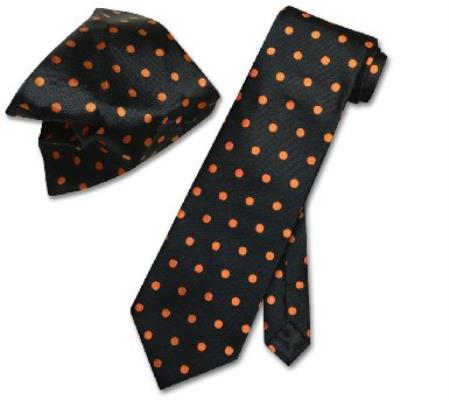 Mensusa Products Black w/ Orange Polka Dots Necktie Handkerchief Matching Tie Set