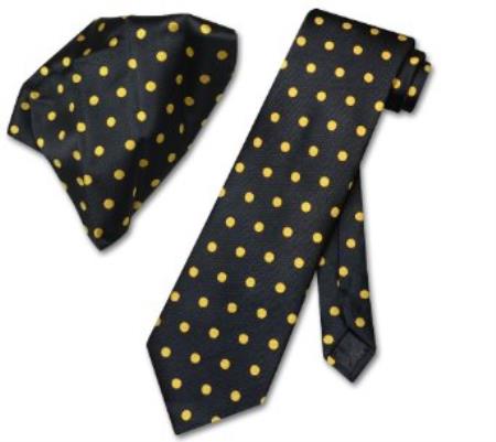 Mensusa Products Black w/ Yellow Polka Dots Necktie Handkerchief Matching Tie Set