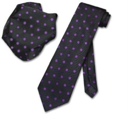 Mensusa Products Black w/ Purple Polka Dots Necktie Handkerchief Matching Tie Set