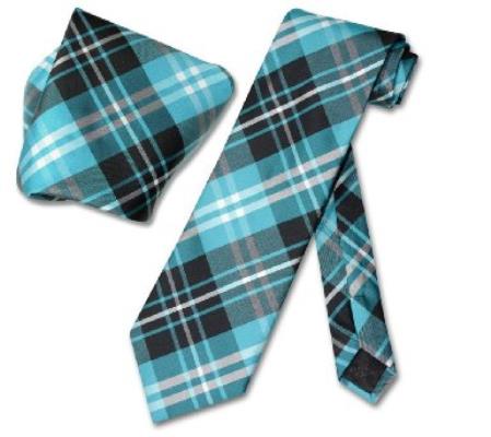 Mensusa Products Black Turquoise White PLAID NeckTie & Handkerchief Neck Tie Set