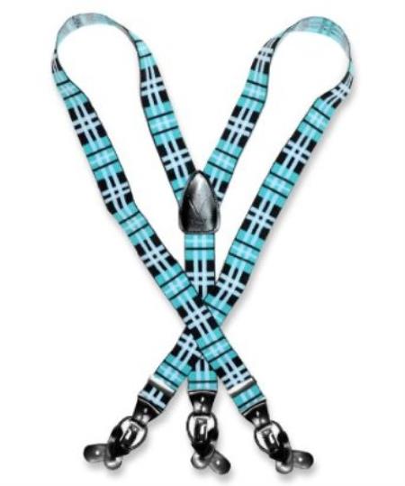 Mensusa Products Mens Plaid Design Black Turquoise White Suspenders Y Shape Elastic Buttons Clips