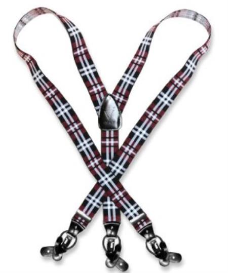 Mensusa Products Men's Plaid Design Burgundy White Suspenders Y Shape Elastic Buttons & Clips